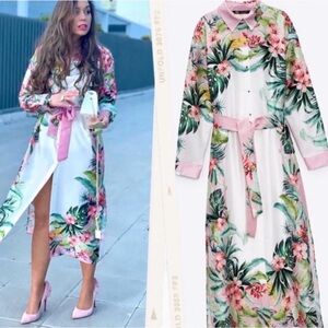 NWT Zara Pink and Green Tropical Resort wear Beach  Floral Shirt Dress Sz XL